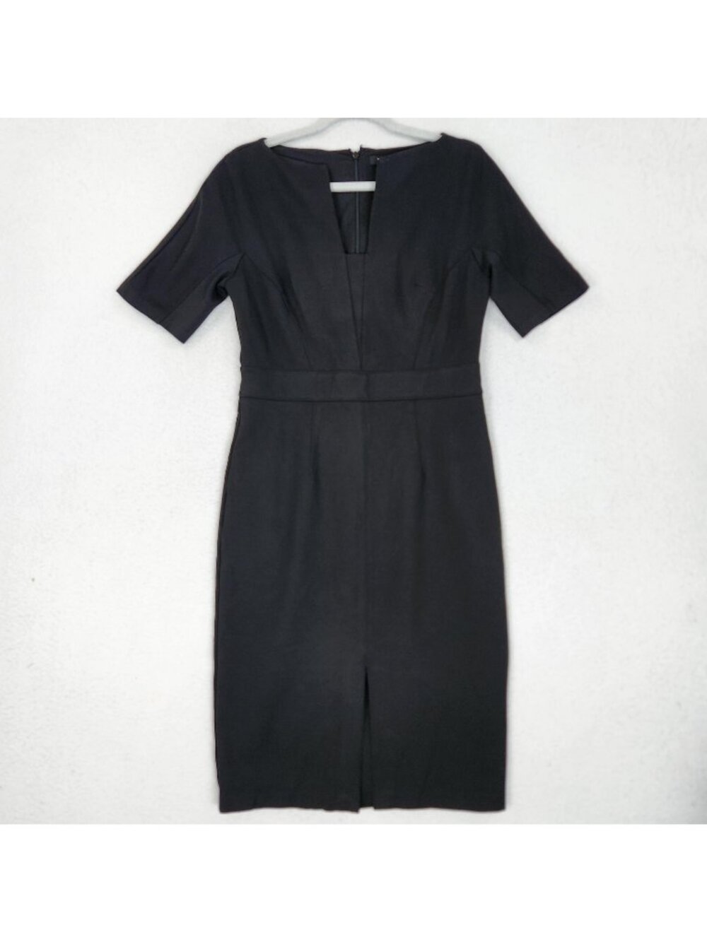 WHBM Dress Womens 10 Black Sheath Short Sleeve V Neck Midi Career Office Work